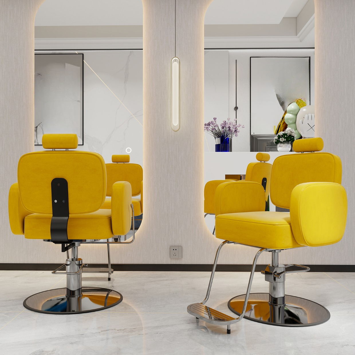 L-Shape Turned Solid Colour Manual - Handle Barber Chair with Stainless Steel Frame and Foot Prop