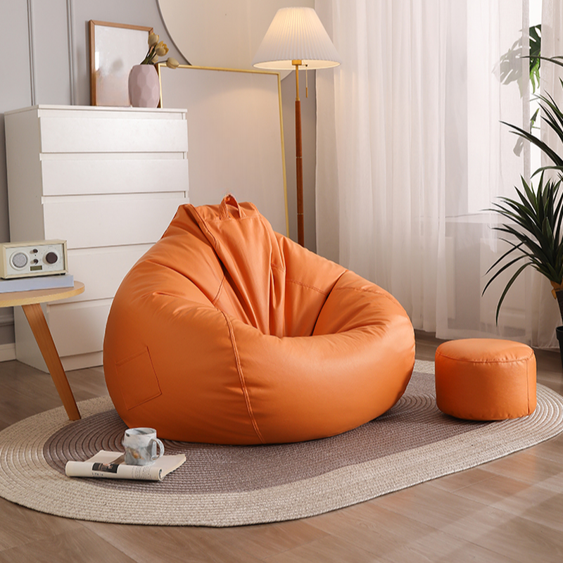 Solid Colour Synthetic Leather Sack Chair in Dark Gray/Dark Blue/Tan, Seats 1, Pre-Filled Bean Bag with Expanded Polystyrene Beans