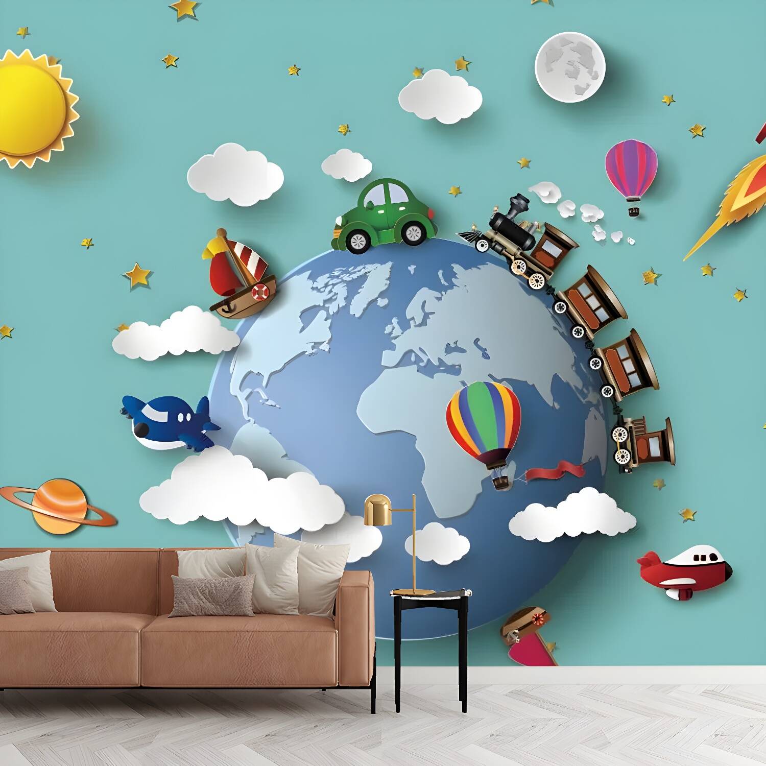 Illustration Cartoon Planet Wall Covering Full Size Wall Mural Decal for Kid, Made to Measure