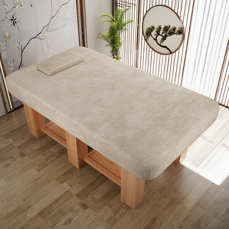 Light Brown Facial Bed with Fixed Height, Lumber Base, Rectangle Top, and Trestle Base