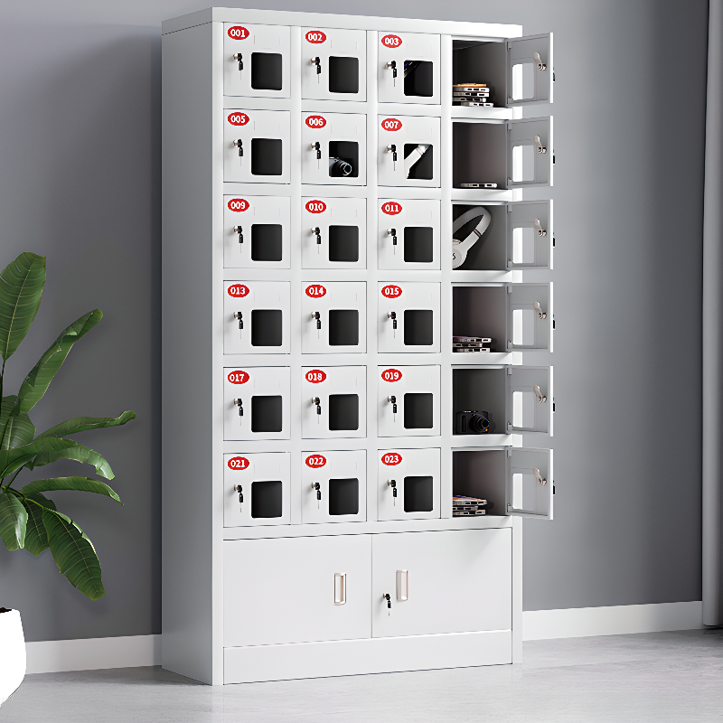 Silver Steel Cell Phone Lockers with 6 or More Tiers, Lockable 5-Wide Compartments, Lock, and Locker Base