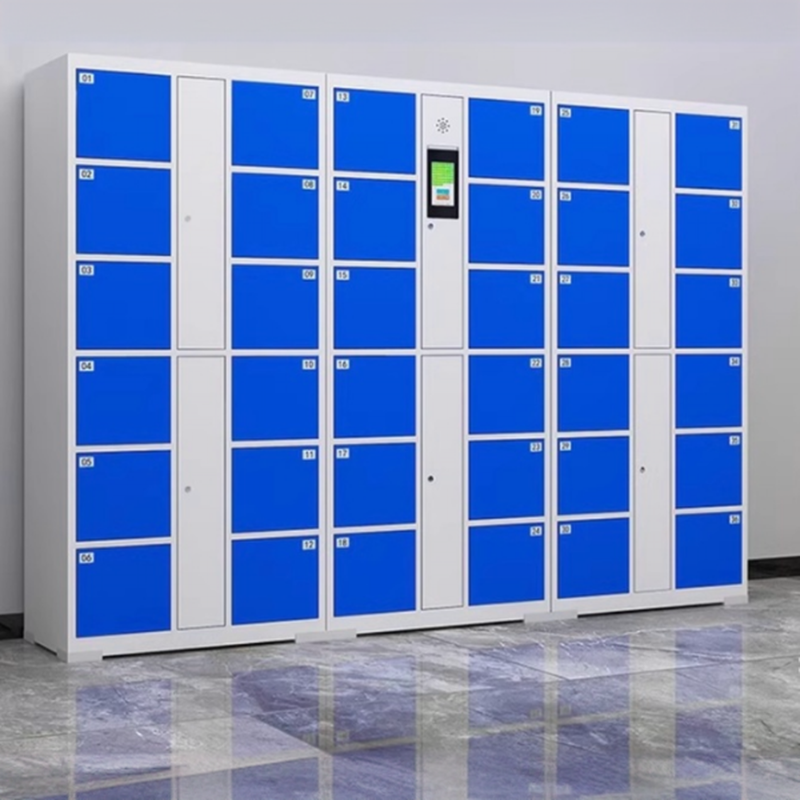 Dark Blue/Lime Green/Bright Orange Simplistic Steel Locker with 6 or More Tiers, Lockable 5-Wide Compartments, Lock, and Locker Base