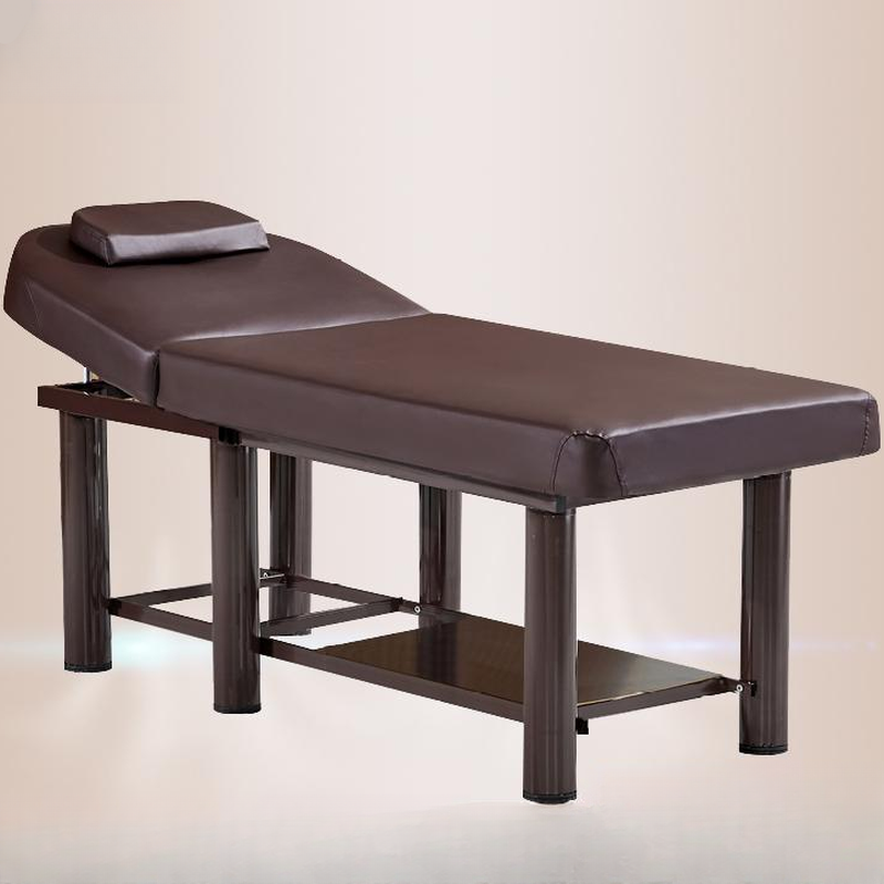 Espresso Massage Bed with Fixed Height Iron Rectangular Trestle Base and 1 Chair