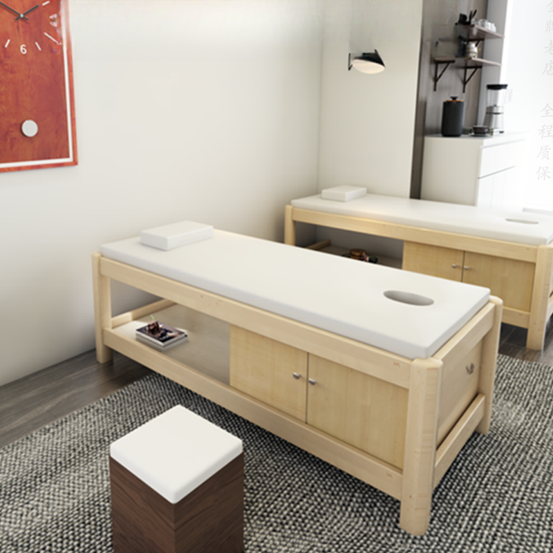 Facial Bed in White with Fixed Height Pine Wood Rectangle Trestle Base