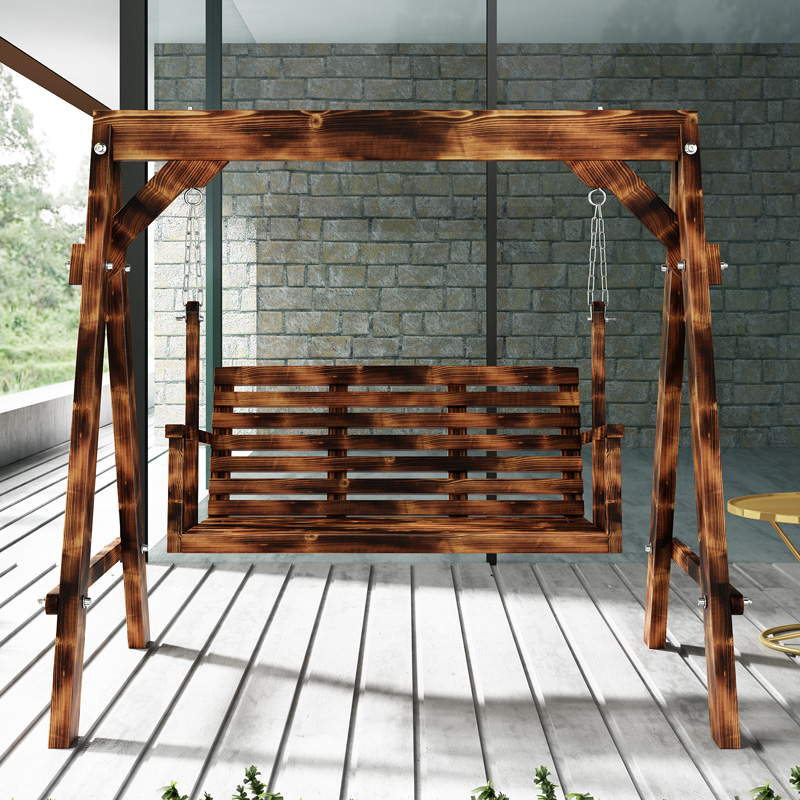 Chestnut Solid Wood Porch Swing with Stand for 2, Includes Chain and Stand