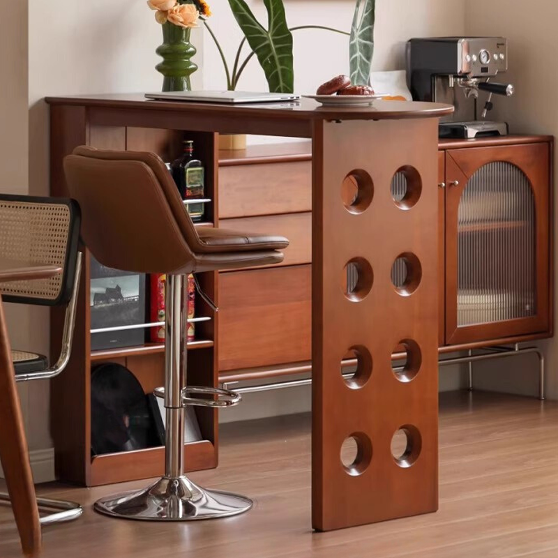 Modern Pub Table with Natural Wood Twin Support Base in Cocoa, Stockroom Storage, Free Form Shape